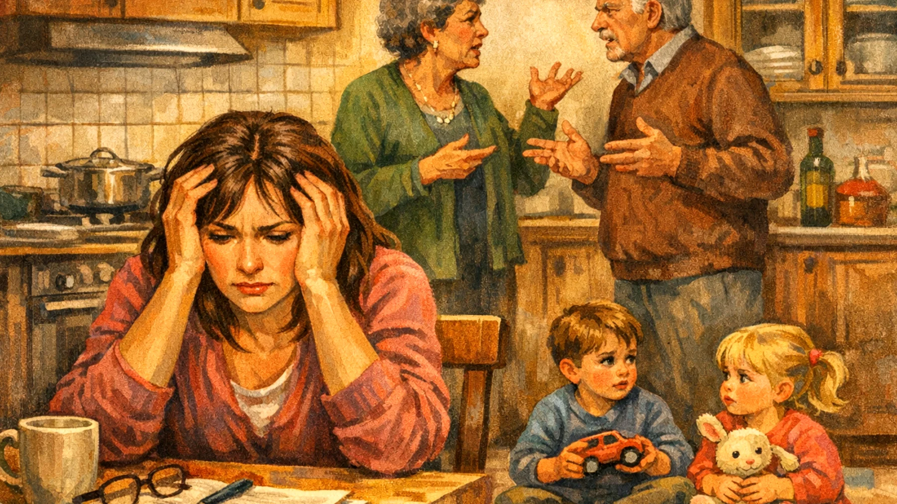 Una mamma si trova costantemente in conflitto con i suoceri e la propria famiglia d'origine riguardo alle scelte educative per i suoi bambini piccoli, creando tensioni che influenzano negativamente la serenità familiare e confondono i bambini con messaggi contrastanti"