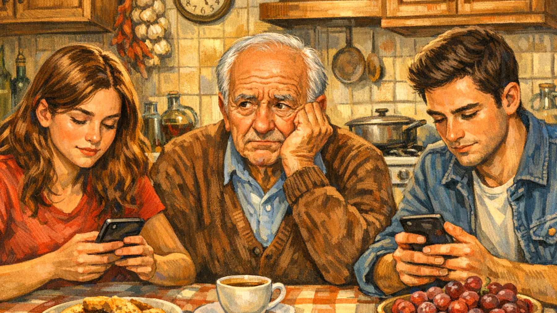 Il nonno si preoccupa per l'uso che i nipoti giovani adulti fanno dei social media, notando comportamenti rischiosi come la condivisione eccessiva di informazioni personali, l'esposizione a contenuti inappropriati o la creazione di un'immagine online superficiale. Vorrebbe offrire consigli ed esperienza, ma teme di sembrare obsoleto o invadente nei confronti di nipoti ormai autonomi."